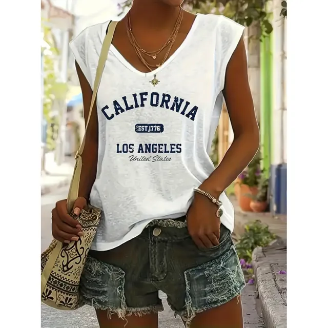 Womens Summer Tops Trendy V Neck Tank Tops Sleeveless Letter Printed Loose Fit White - Shop at LoveMi