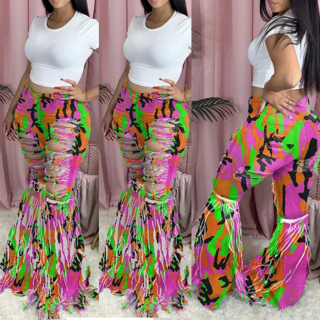 European And American Tassel Brushed Denim Trousers For Women's Casual Flared Trousers Pink Camouflage - Shop at LoveMi