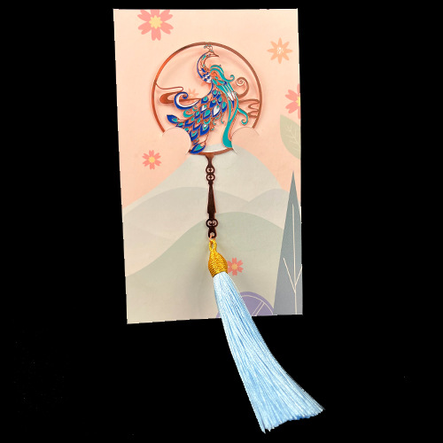 Metal bookmark with tassel and chain pendant details