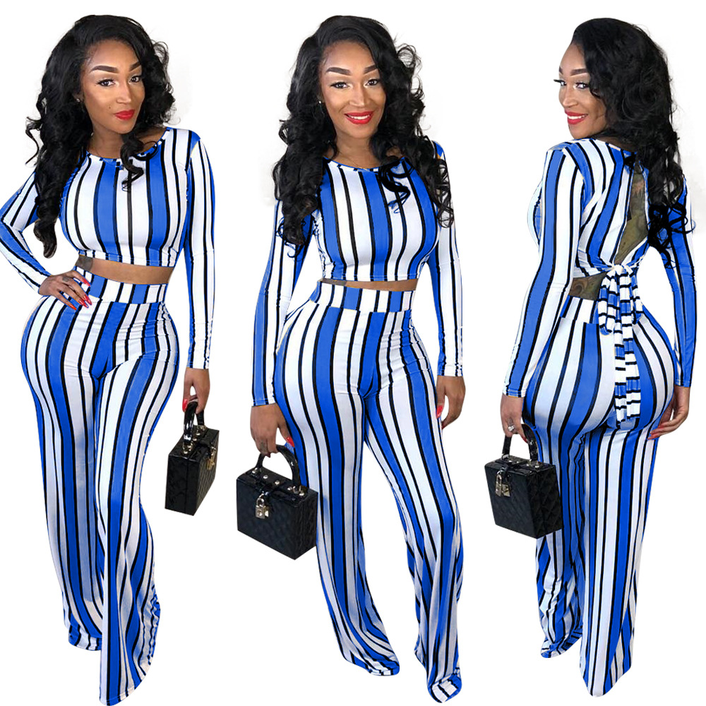 European And American Women's Casual Striped Printed Wide-leg Pants Two-piece Suit