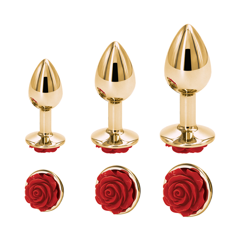 Gold Rose Anal Plug Set 3 Piece Graduated Sizes Aluminum Alloy Unisex Sex Toy