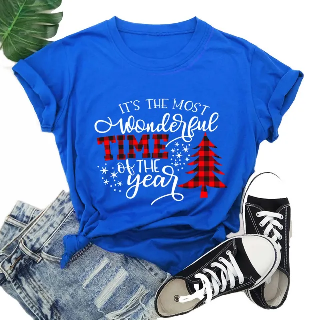 Christmas Print Round Neck Short Sleeve Women's T shirt Royal M - Shop at LoveMi