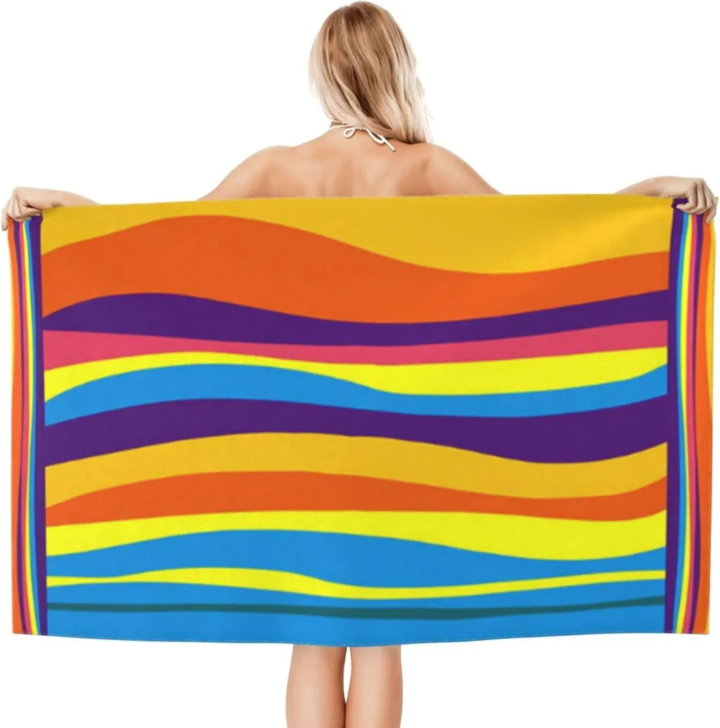 Large Beach Towel 70in X 35in Oversized Lightweight Compact Quick Dry Sand Free Towel For Travel Swim Pool Yoga Gym Camping Multicoloured Wave - Waves