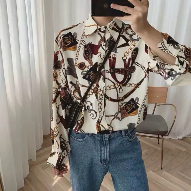 Men's Loose Retro Ruffian Print Shirt White - Shop at LoveMi