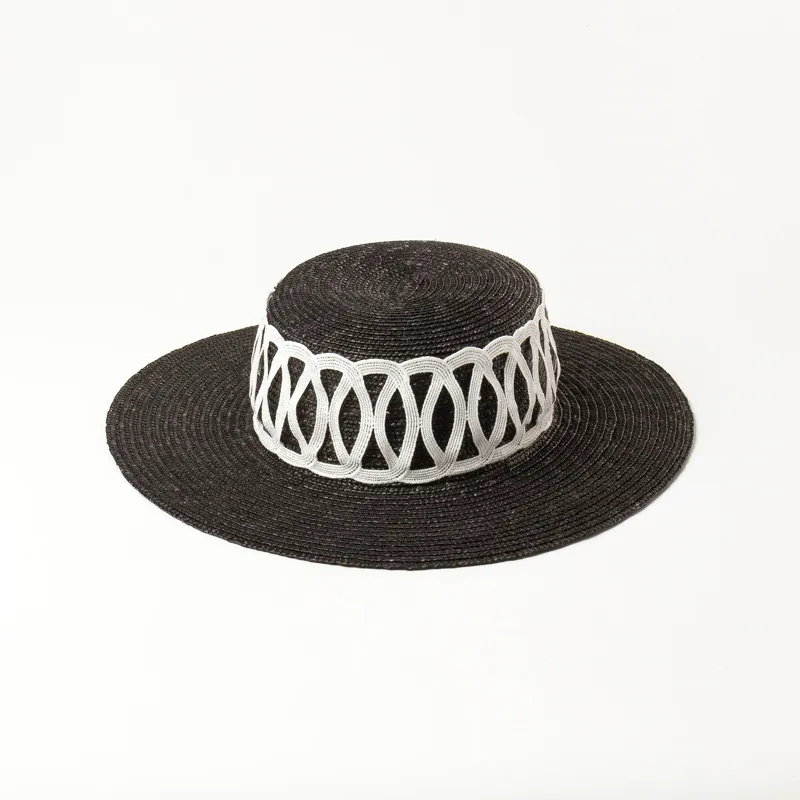 New Grid Decoration Flat Top Straw Straw Hat Outdoor Sun Protection - White