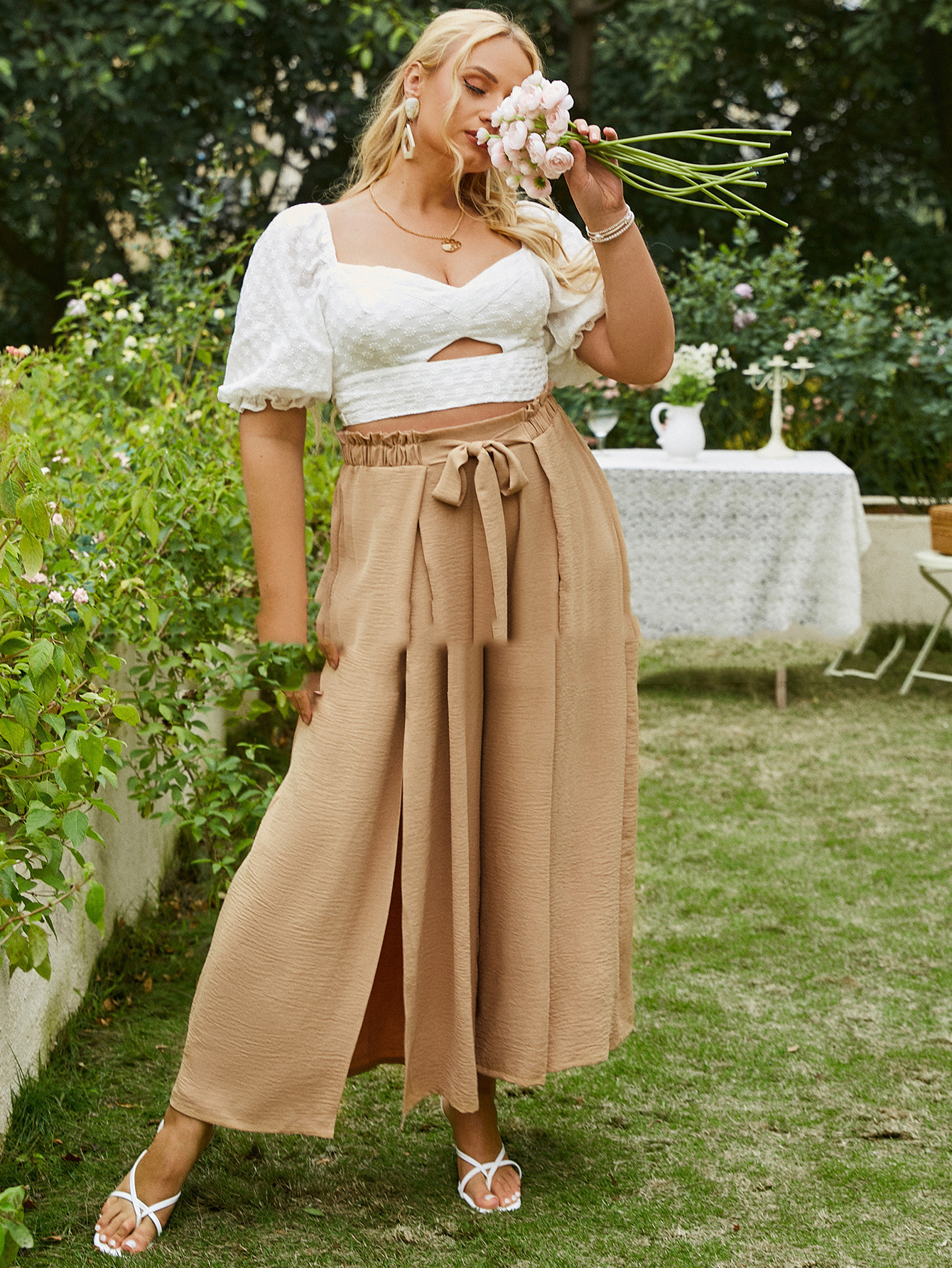 High-waisted Commuter Buckle Cotton Brown Loose-fitting Pants