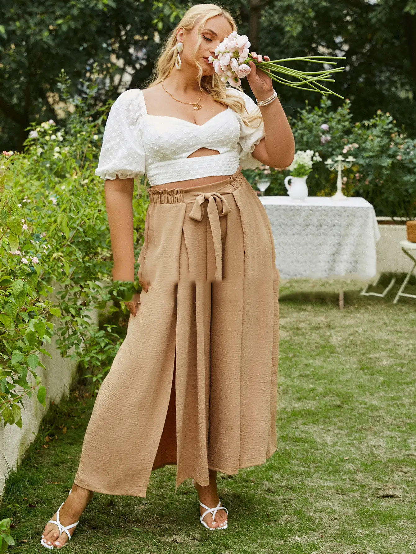 High-waisted Commuter Buckle Cotton Brown Loose-fitting Pants