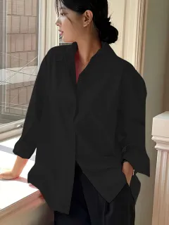 Plus Size Women's Elegant Casual Business Long Sleeve Shirt - Classic Collar Button-Up Blouse, Solid Color Non-See-Through Fabric - Black - View 1