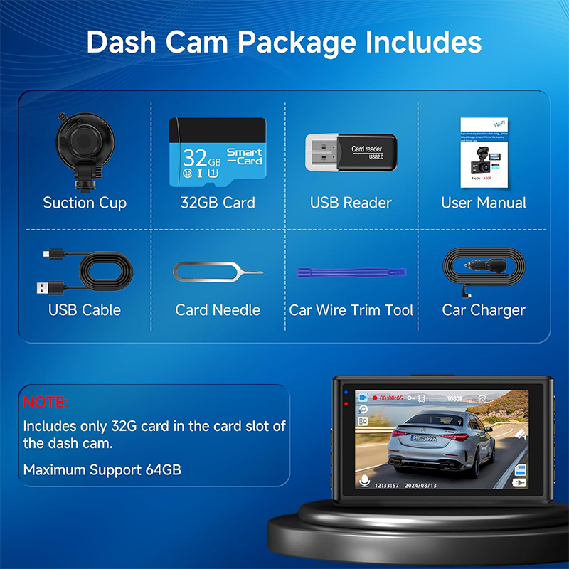 Dash Cam Front WiFi APP Control 1080P With 32GB Card Night Vision Loop Recording Angle WDR G Sensor Parking Mode