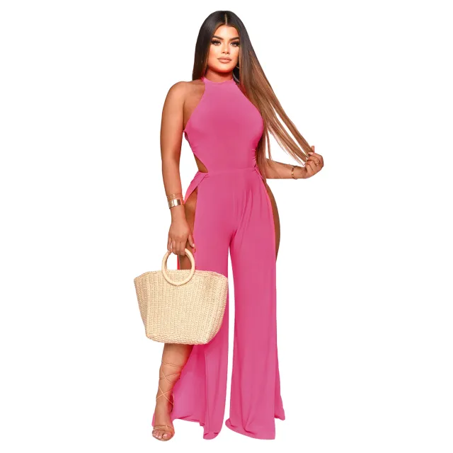Lace up Back Jumpsuit Split Leg Casual Trousers Women Pink - Shop at LoveMi