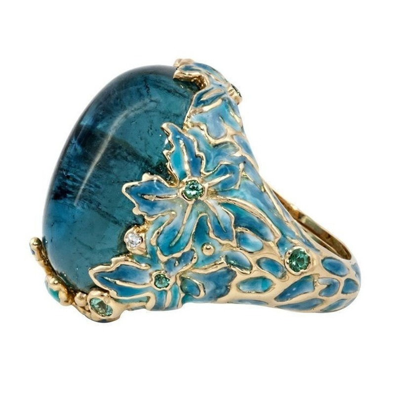 Eleganter Femininer Mode Goldgravierter Emaille Blumenring