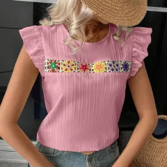 Women's Ruffle Short Sleeve Summer Tops Cute Crew Neck Floral Crochet Blouses Shirts - Pink - View 1