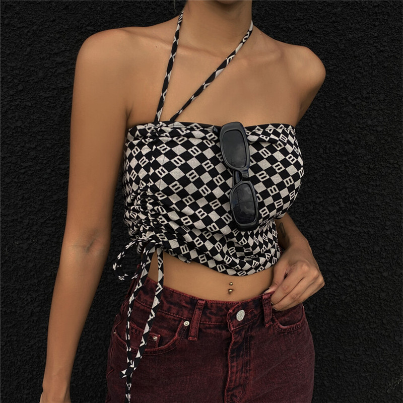 Title 4, Letter Plaid Print Drawstring Halter Neck Slim ...