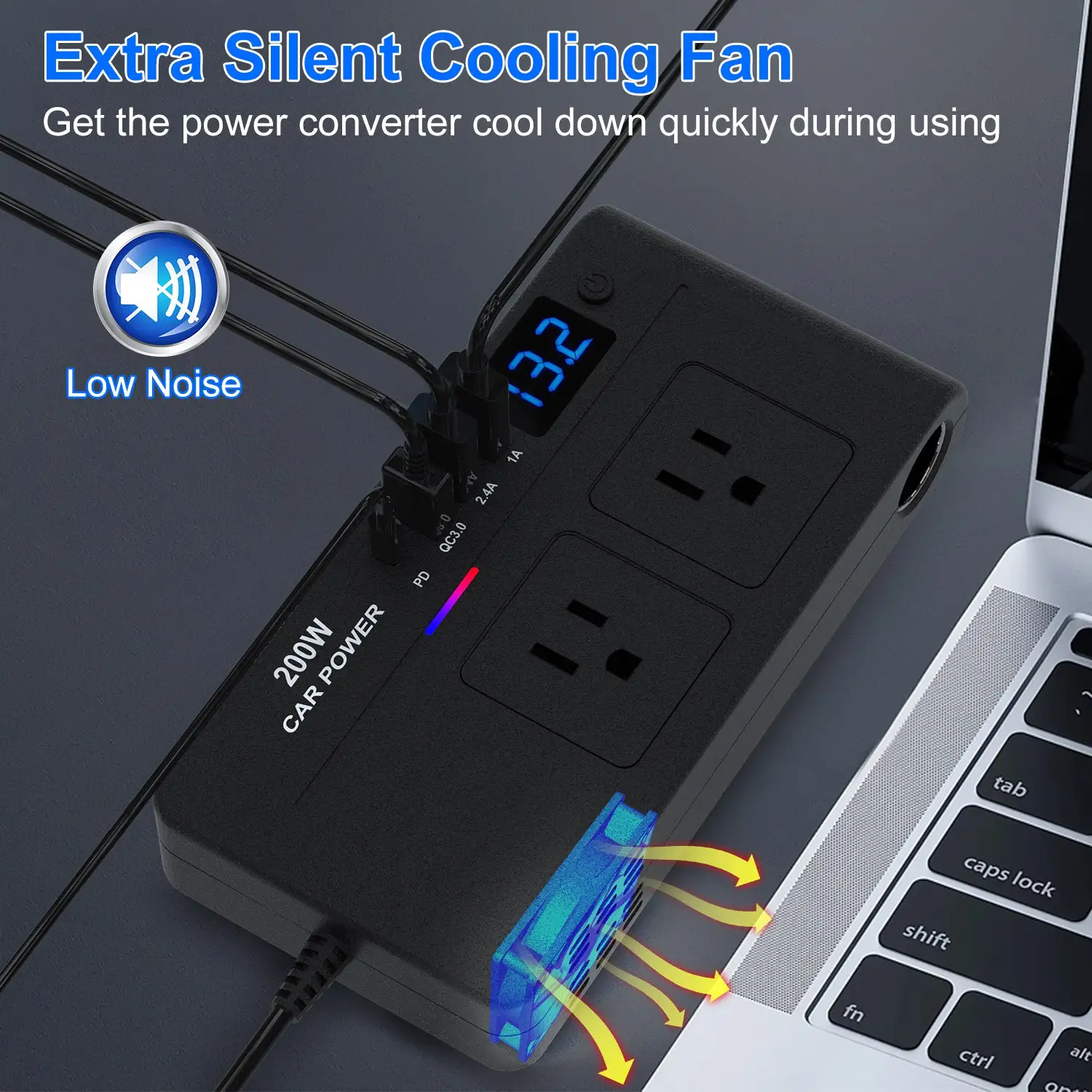 1Pc 200W 12V Car Inverter DC12V To AC110V Vehicle Power Converter With 2 110V AC Outlets 1 TypeC 3 USB Port Quick Charge Overheat Protection Voltage Display For