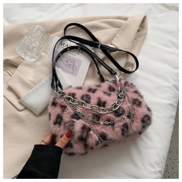 Winter Plush Bags Chain Shoulder Bag Women Flowers Print Handbags Pink - Shop at LoveMi