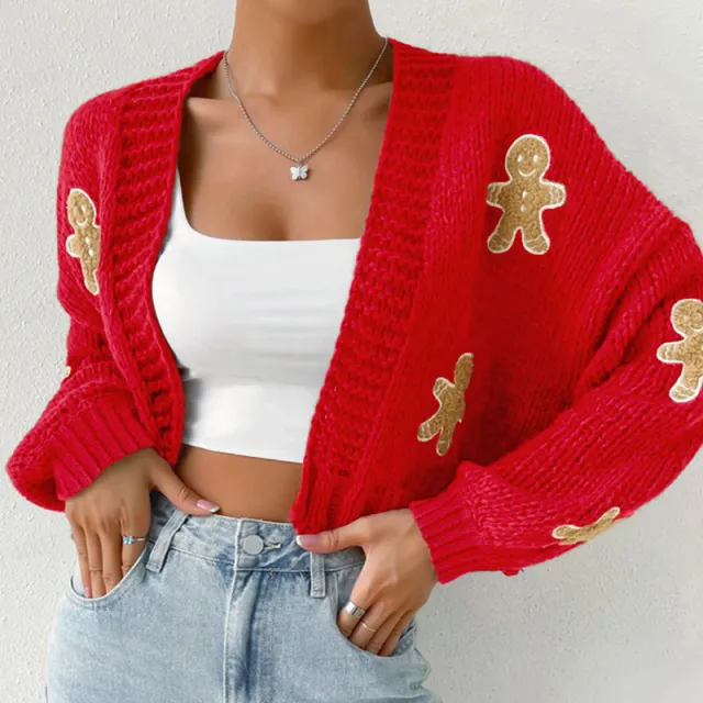 Gingerbread Man Knit Cardigan Women's Solid V Neck Ribbed Cuffed Short Sweater, Casual Spring Autumn Polyester Top Red - Shop at LoveMi
