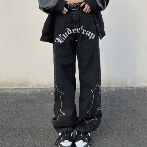 Letter Embroidered Jeans