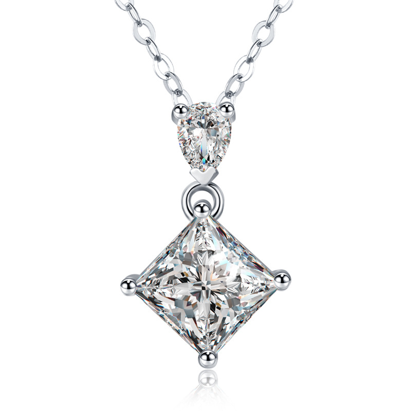 S925 Sterling Silver Princess & Pear Cut Two-Stone Necklace, 1ct D-VVS1 Moissanite Pendant, Platinum Plated 40&45cm Chain, GRA Certified Women's Jewel
