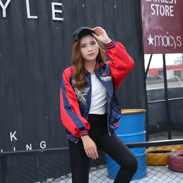 Winter Couple Crane Embroidery Jacket Coat Baseball Uniform Red - Shop at LoveMi