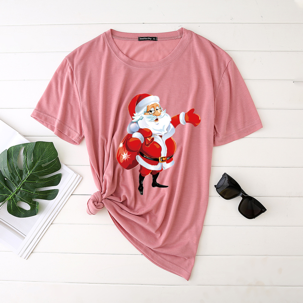 Unisex Santa Printed Loose Round Neck T-Shirt Carrying Bags
