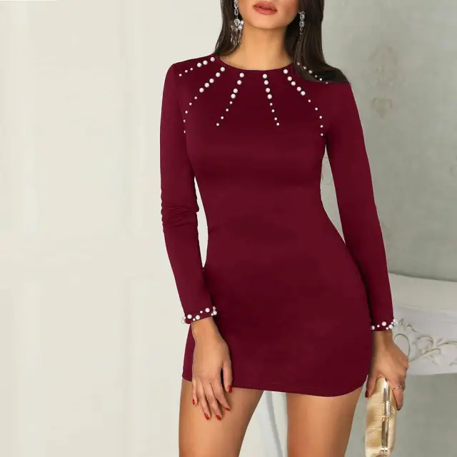 Temperament Commuter Round Neck Long sleeved Bubble Bead Sexy Slim Fit Hip Skirt Wine - Shop at LoveMi