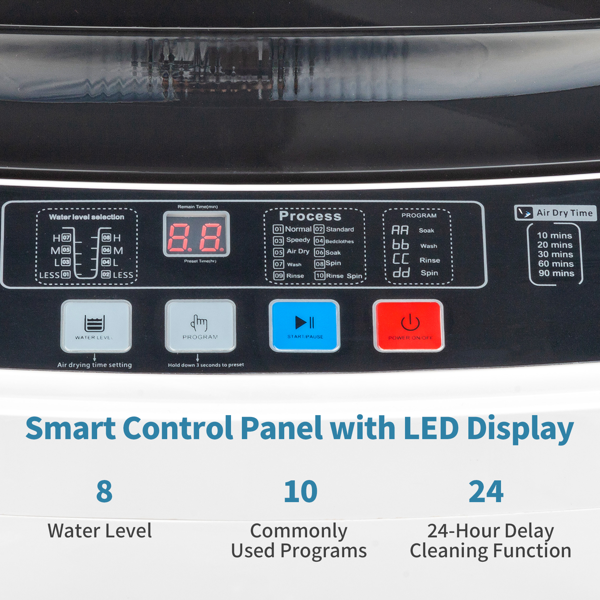 Full-Automatic Washing Machine Top Load Portable Compact Laundry Washer Spin With Drain Pump,10 Programs 8 Water Level Selections With LED Display 17.8 Lbs Capacity, Black image 16