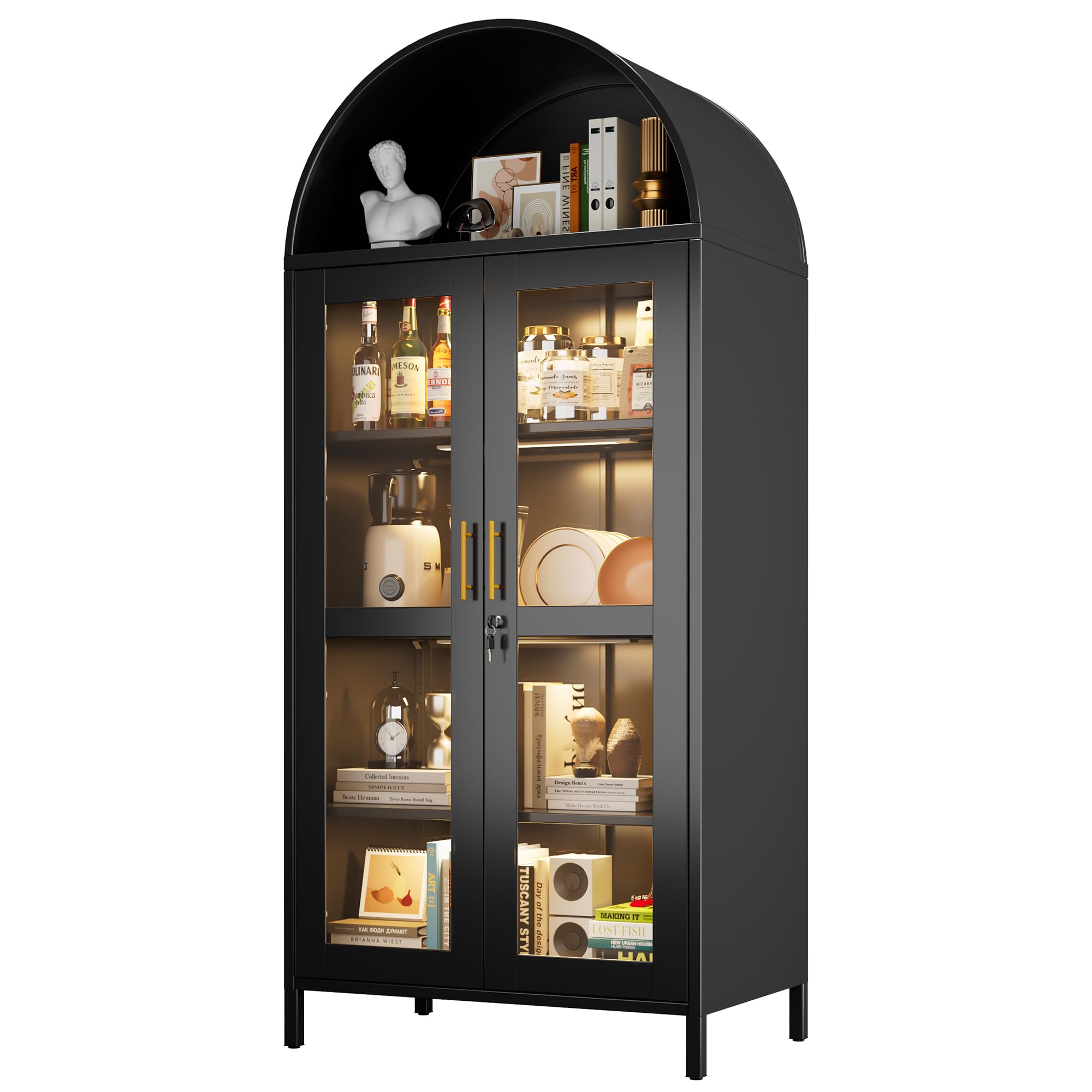 78.74inch H Metal Arched Cabinet With Lock And LED Light Strip, Metal Display Cabinet With Glass Doors And Adjustable Shelves,Suitable For Dining Room, Home, Assembly Required,Black