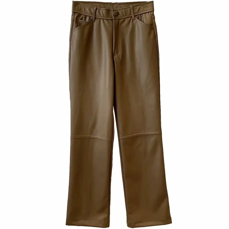 European And American Style Solid Color Loose High Waist Slim Leather Pants - Khaki