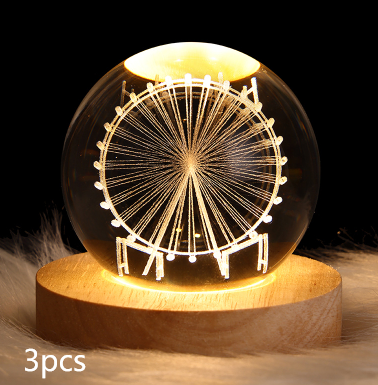 Kleine nachtlamp met kristallen bol, sterrenhemel en planeten – massiefhouten lampvoet, zonnestelsel 6 cm, 2 stuks