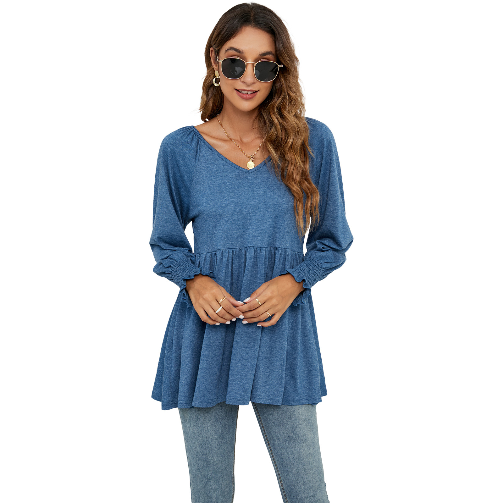 Women's New V neck Puff Long sleeved Tunic T shirt Peacock Blue - Shop at LoveMi