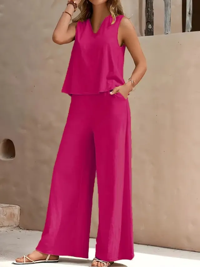Solid Color Summer Slacks Suit, V neck Vest And Wide leg Pants Outfit Rose Red - Shop at LoveMi