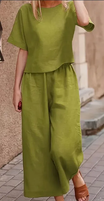Chic Solid Two piece Set Comfortable Crew Neck T Shirt & Flattering Wide Leg Pants Effortless Casual Womens Clothing Green - Shop at LoveMi