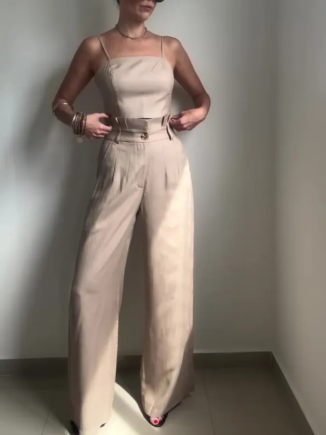 Solid Color Suspender Top & High Waist Pants Set Picture Color M - Shop at LoveMi