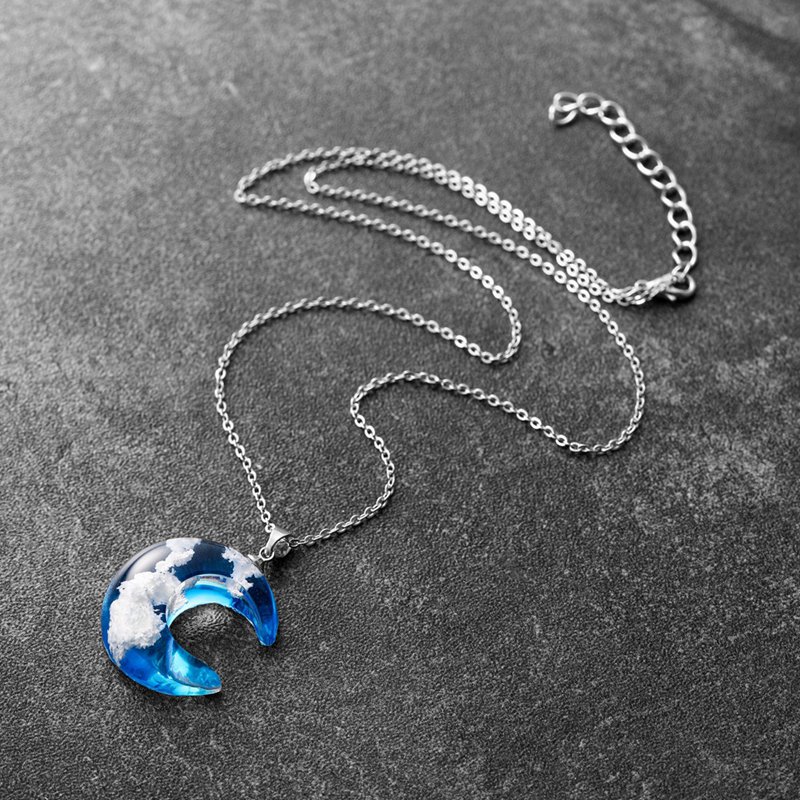 Transparent Resin Blue Sky White Cloud Ball Moon Pendant Necklace