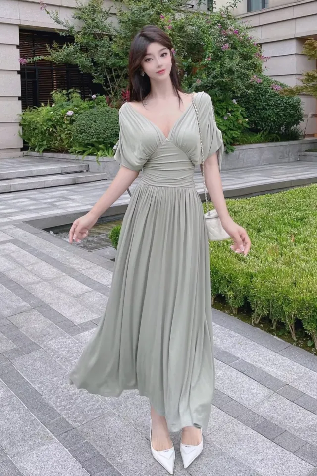 French Retro Greek Modal Pleated Dress Woman Green - Shop at LoveMi
