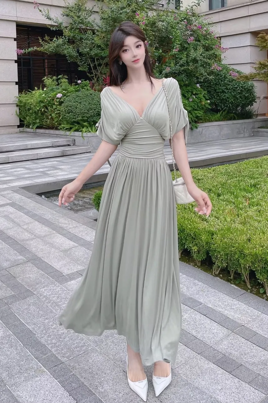French Retro Greek Modal Pleated Dress Woman - Green