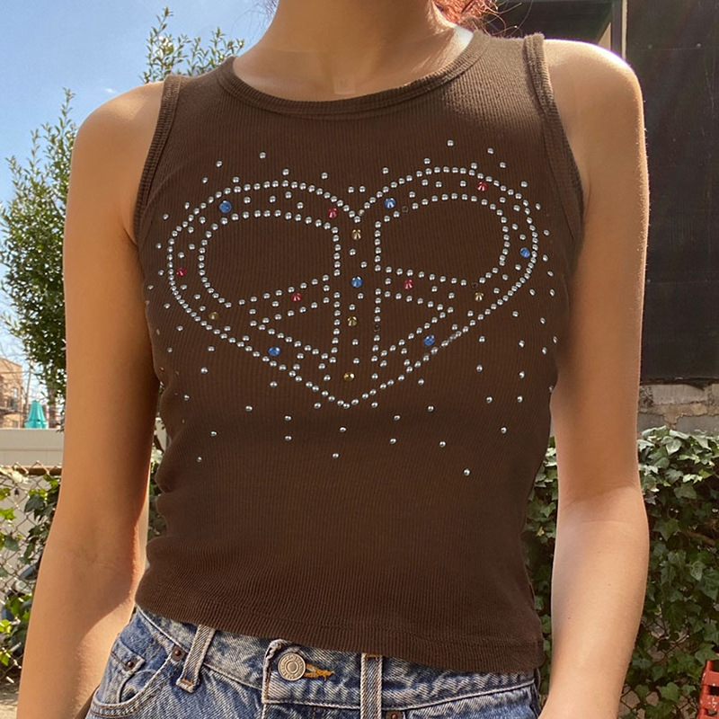 Contrast Color Heart Hot Drill Thread Slim Short Tank Top