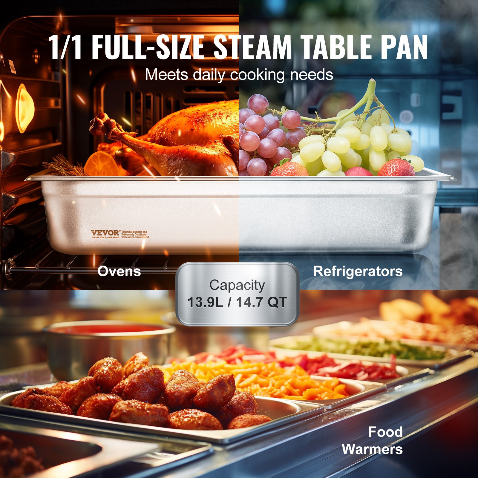 6 Pack Hotel Pans, Full Size Anti Jam Steam Pan, 0.8mm Thick Stainless Steel Restaurant... thumbnail 1
