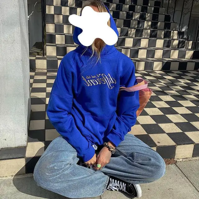 Women's New Embroidery English Klein Blue Hooded Sweater Blue - Shop at LoveMi