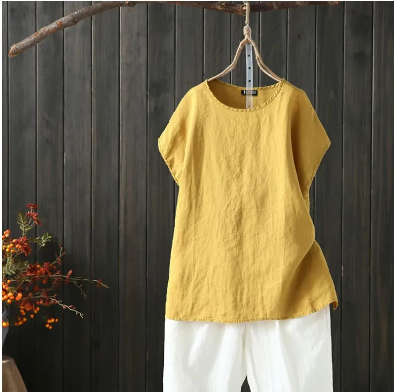 Cotton Linen Blouse Summer Short Sleeve Casual Shirt - Yellow