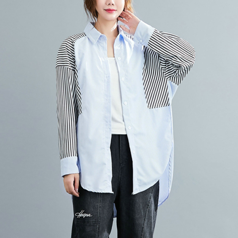 Title 8, Plus Fat Striped Stitching Shirt Fat MM Plus Size