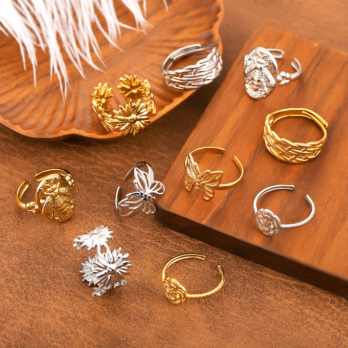 Elegant Retro Wide Band  Stainless Steel Ring, Adjustable Open Flower Vacuum Gold Plated Ring For Women