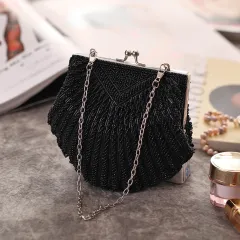 Shell Beaded Embroidered Dinner Party Bag Handmade - Black - View 1