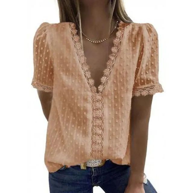 Summer New Solid Color Jacquard V Neck Short Sleeved Blouse Women Apricot - Shop at LoveMi