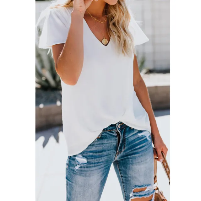 Solid Color Loose V neck Pleated Short Sleeves White - Shop at LoveMi