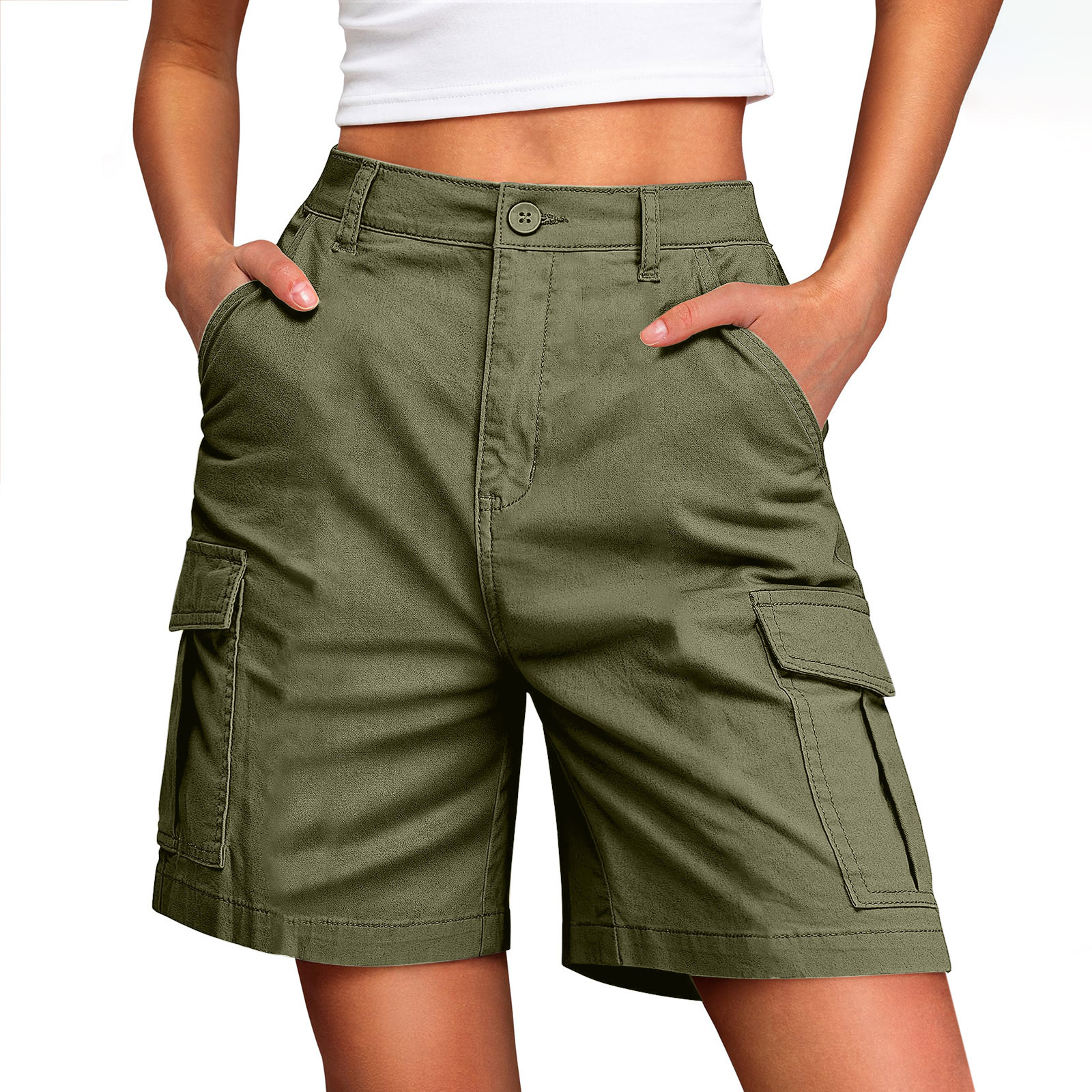 Women's Solid Color Cargo Shorts, Multi-Pocket Casual 5 Inch Shorts
