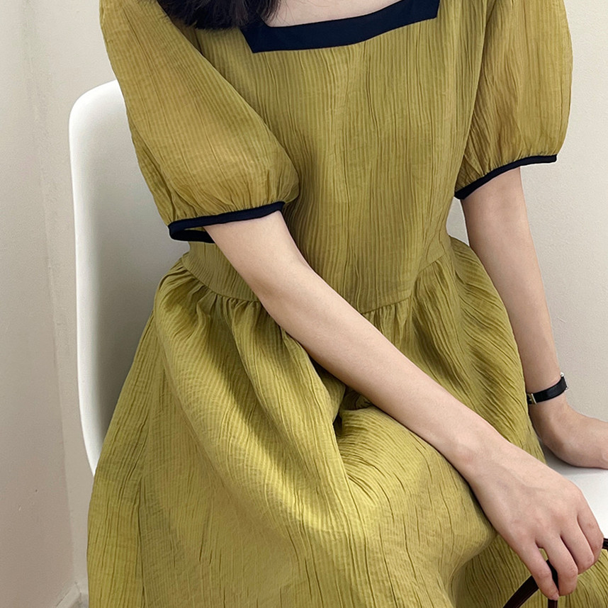 Colorblock Square Neck Tie Waist Midi Dress Mustard Green - Shop at LoveMi