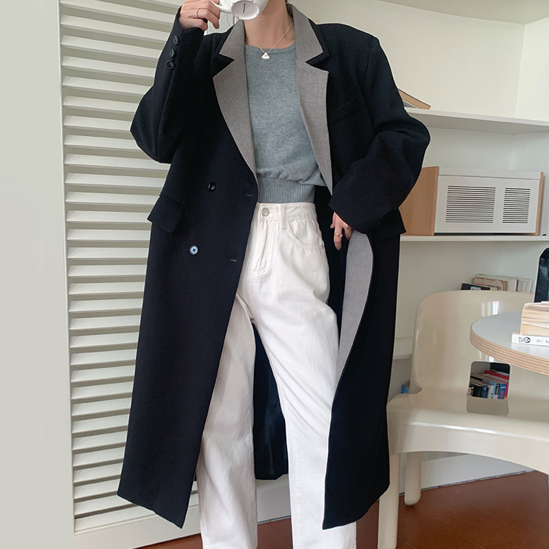 Temperament Simple Contrast Lapel Double Breasted Jacket