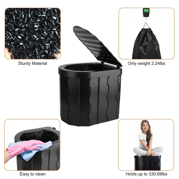 Foldable Emergency Toilet Portable Porta Potty For Car Travel Camping Boating Hiking Cleanable Travel Commode With Lid Carry Bag 1 Roll Garbage Bags