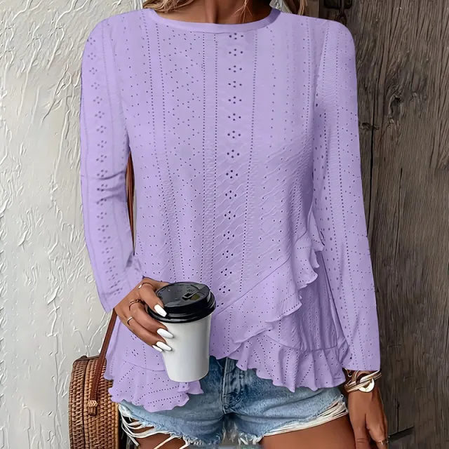 Women Eyelet Long Sleeve Tops Shirts Dressy Casual Crew Neck Ruffle Hem Blouses Violet - Shop at LoveMi